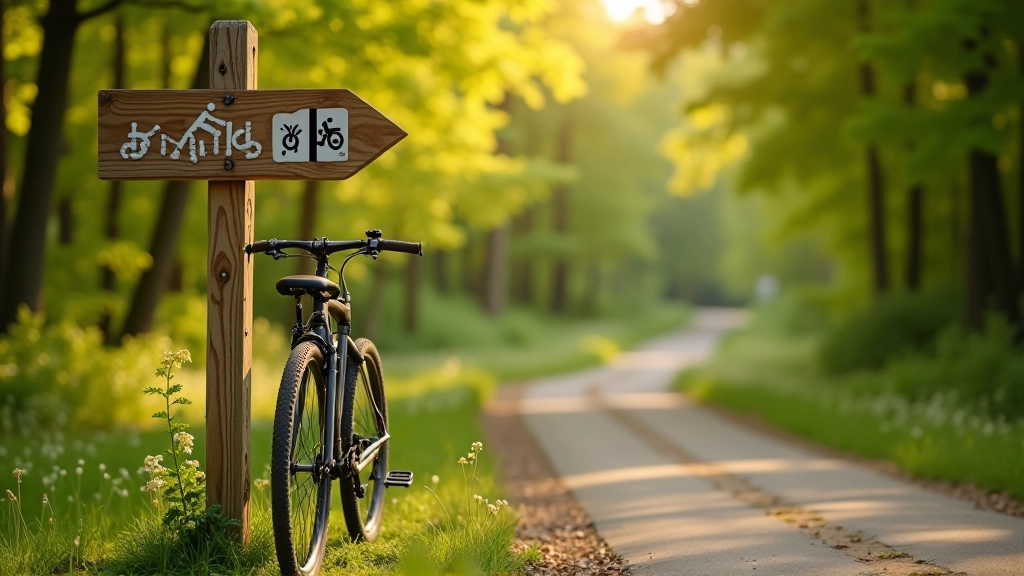Bicycle parked near signpost showing cycling route markers and distance information in Czech and German