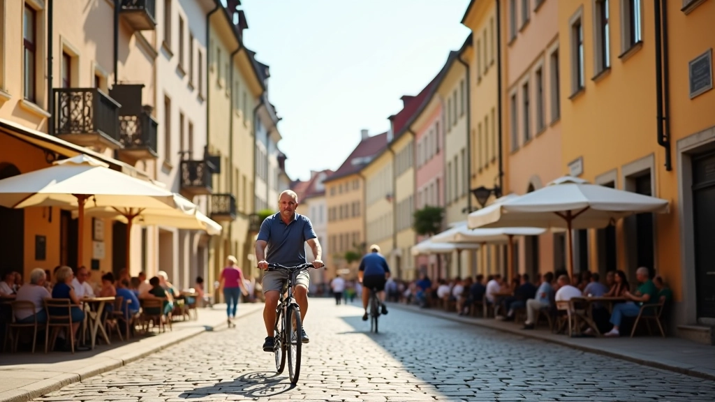 Historic town square in Znojmo with traditional Czech architecture and cobblestone streets, cyclists resting at a café terrace